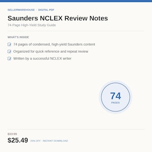 Puede incluir: Una guía de estudio digital en formato PDF titulada Saunders NCLEX Review Notes, que contiene 74 páginas de contenido condensado de alto rendimiento. El documento incluye secciones para referencia rápida y revisión.