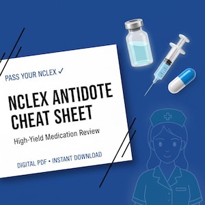 Könnte beinhalten: Ein weißes rechteckiges Dokument mit dem Titel PASS YOUR NCLEX NCLEX ANTIDOTE CHEAT SHEET High-Yield Medication Review DIGITAL PDF INSTANT DOWNLOAD. Enthält ein Glasfläschchen, eine Spritze, eine blau-weiße Kapsel und eine Krankenschwester-Umrisslinie auf Blau.
