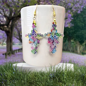 Cross Earrings, Stained Glass Look Acrylic, Gold or Silver Hooks