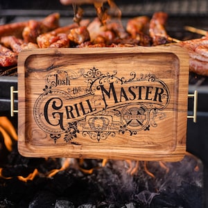 PERSONALIZED "Grill Master" Acacia Wood Serving Tray With Side Handles, Smoke Master, Pit Master