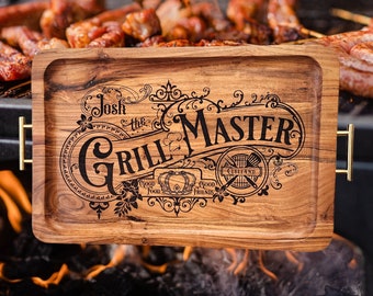 PERSONALIZED "Grill Master" Acacia Wood Serving Tray With Side Handles, Smoke Master, Pit Master