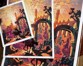Puede incluir: Un conjunto de tres impresiones que muestran un paisaje de fantasía con una ciudad en ruinas, un caballo y un jinete, y el texto "The Endrose". Las impresiones son de varios tamaños y tienen una paleta de colores cálidos con tonos de naranja, amarillo y marrón.