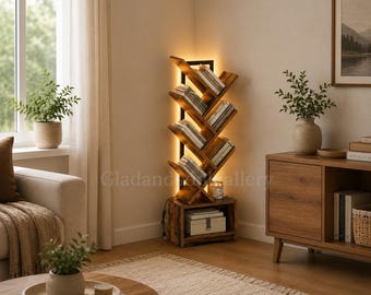 Industrial Tree Bookshelf with Cabinet and LED Lights, 7-Tier Rustic Storage Shelf