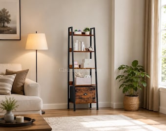 Ladder Bookshelf, 5 Tier Rustic Ladder Shelf with Removable Drawer, Freestanding Storage Rack for Living Room Bedroom Office