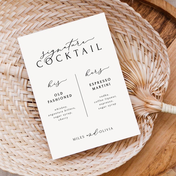 Signature Drink Sign | Signature Cocktail Sign Template | His and Hers Wedding Drinks Sign Printable | Instant Editable Download | Templett