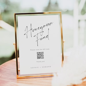 Nowoczesny kod QR funduszu ślubnego miesiąca miodowego | Skanowalny znak Venmo Fundusz ślubu miesiąca miodowego do druku | Edytowalny natychmiastowy do pobrania | SOPHIE