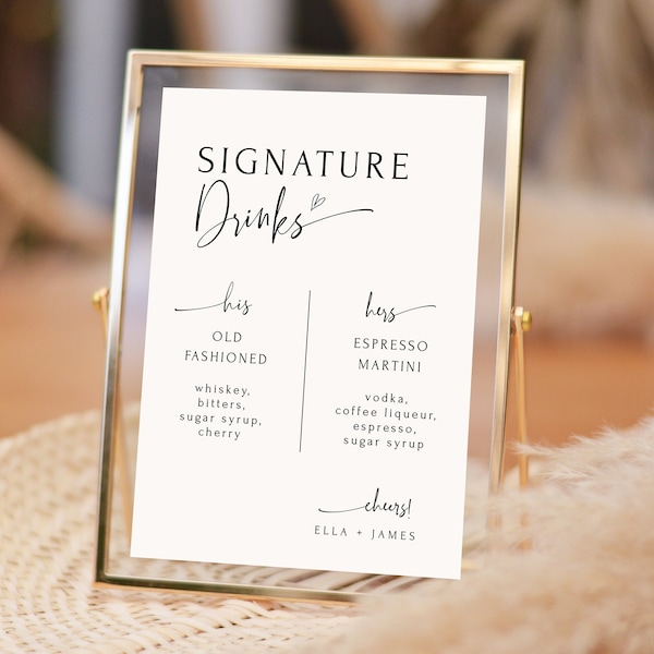 Signature Drinks Sign | Signature Cocktails Sign Template | His and Hers Wedding Drinks Sign Printable Instant Editable Download | ELLA