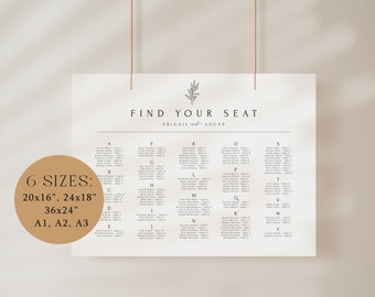 Alphabetical Seating Chart Template | Alphabetized Seating Plan Modern Minimalist Wedding | Find Your Seat Instant Download Templett ABIGAIL