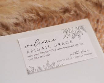 赤ちゃん用蔵書票テンプレート | 蔵書票/銘板 | カスタマイズされたベビーシャワーギフト | 赤ちゃん用本 | お子様へのギフト | カリグラフィー + 葉