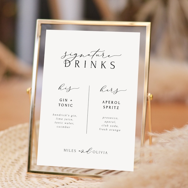 Signature Drink Sign | Signature Cocktail Sign Template | His and Hers Wedding Drinks Sign Printable | Instant Editable Download | Templett