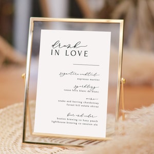 Hochzeit Bar Menü Drunk In Love Zeichen Vorlage | Bar-Menü Minimal Hochzeit Getränke Liste Zeichen Weinliste Sofort Bearbeitbarer Download Templett