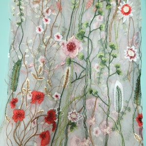 Wildflower, Botanical Garden, Embroidered Fabric, Fashion Mesh, by the yard, Vines, Floral Tulle, Bright Color Spring Meadow DIY