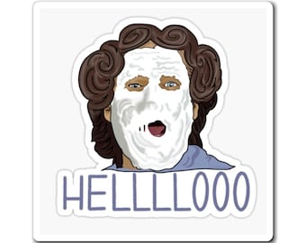 May include: A square sticker featuring a cartoon illustration of a person with brown curly hair and a white face mask. The person has blue eyes and an open mouth. The sticker has the word "HELLLLOOO" in blue letters.