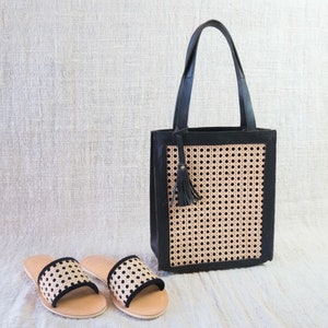 Rattan shoulder bag with cowhide leather, Cane webbing travel bag, young women outfit, summer accessory, Gift for her