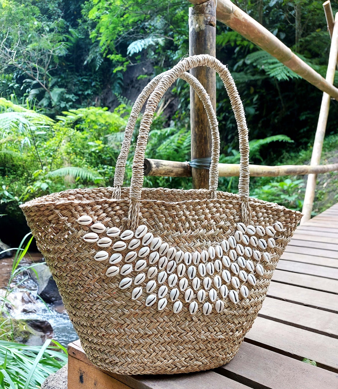 Shasa Seagrass Basket Bucket Bag With Cowrie Shells Handwoven Etsy