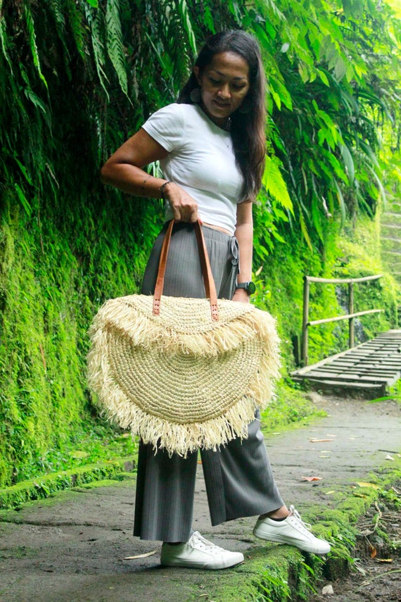 Rumbai Raffia Shoulder Bag With Brown Leather Strap Woven 