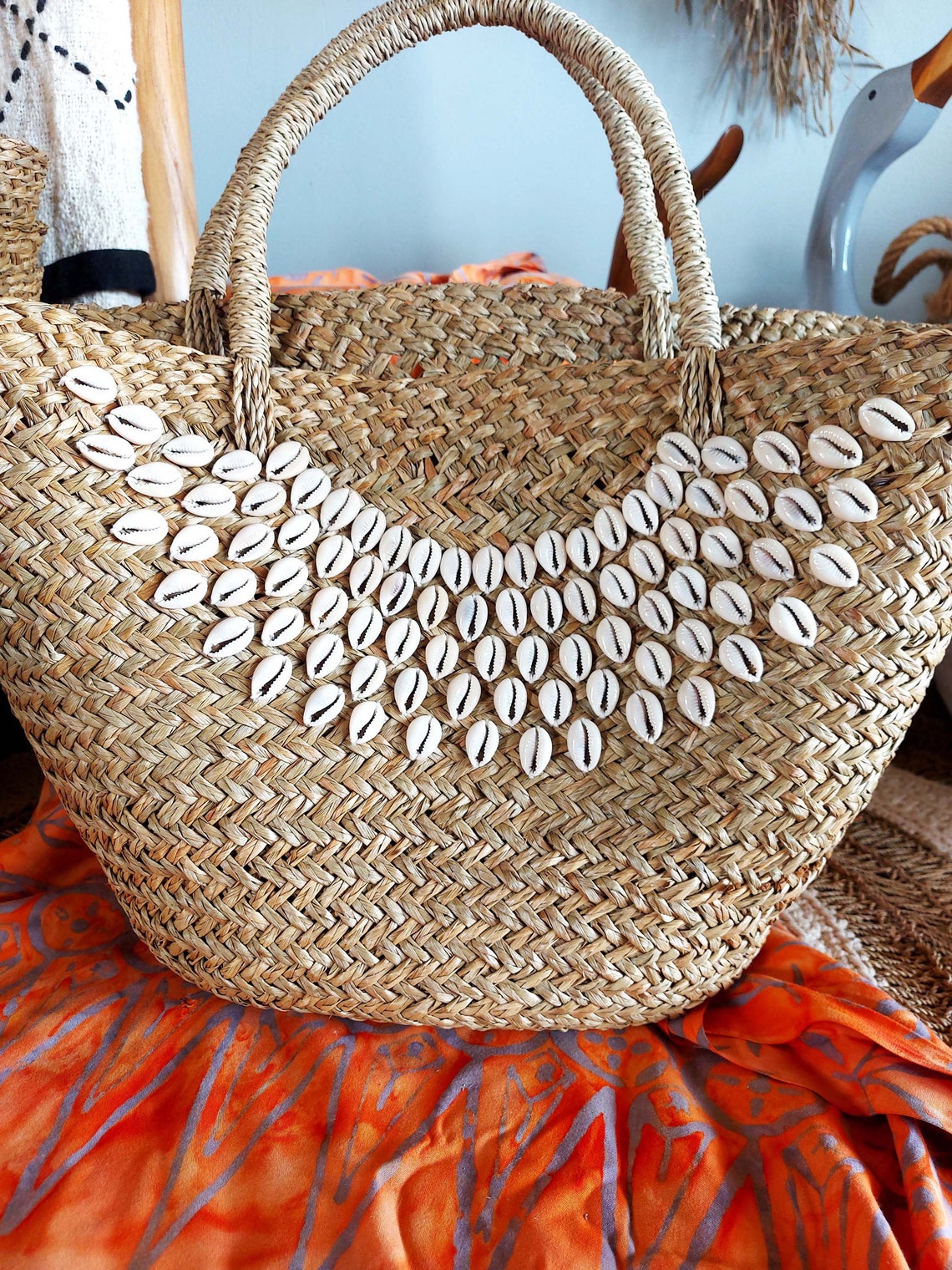 Shasa Seagrass Basket Bucket Bag With Cowrie Shells Handwoven Etsy