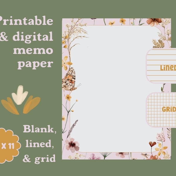 Printable Memo Paper, Digital Notebook Page, Letter Sized Paper, 8.5x11 Paper, Printable Paper