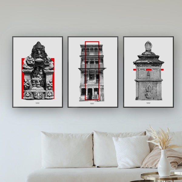 Contemporary Design Prints of Traditional Nepali Architectures Using the Cultural color of the City, Minimalist Color, Red White and Black