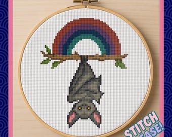 Rainbow Bat Cross Stitch Pattern - Cute Spooky Animal PDF