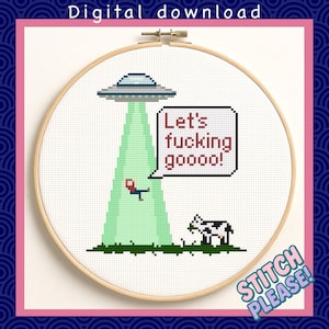 Può includere: Design a punto croce in un telaio di legno raffigurante un UFO che rapisce una persona, con il testo "Let's fucking goooo!" in un fumetto. È presente anche una mucca. Le parole "Digital download" e "Stitch Please!" sono visibili.