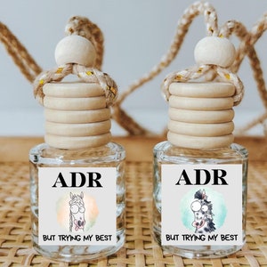 May include: Four small glass bottles with wooden stoppers and string hangers. Each bottle has a colorful cartoon horse with the text "ADR BUT TRYING MY BEST" on the label.
