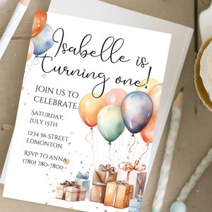 Plantilla de invitación de cumpleaños con globos de acuarela estilo bohemio: Editar en Canva (Descarga digital)