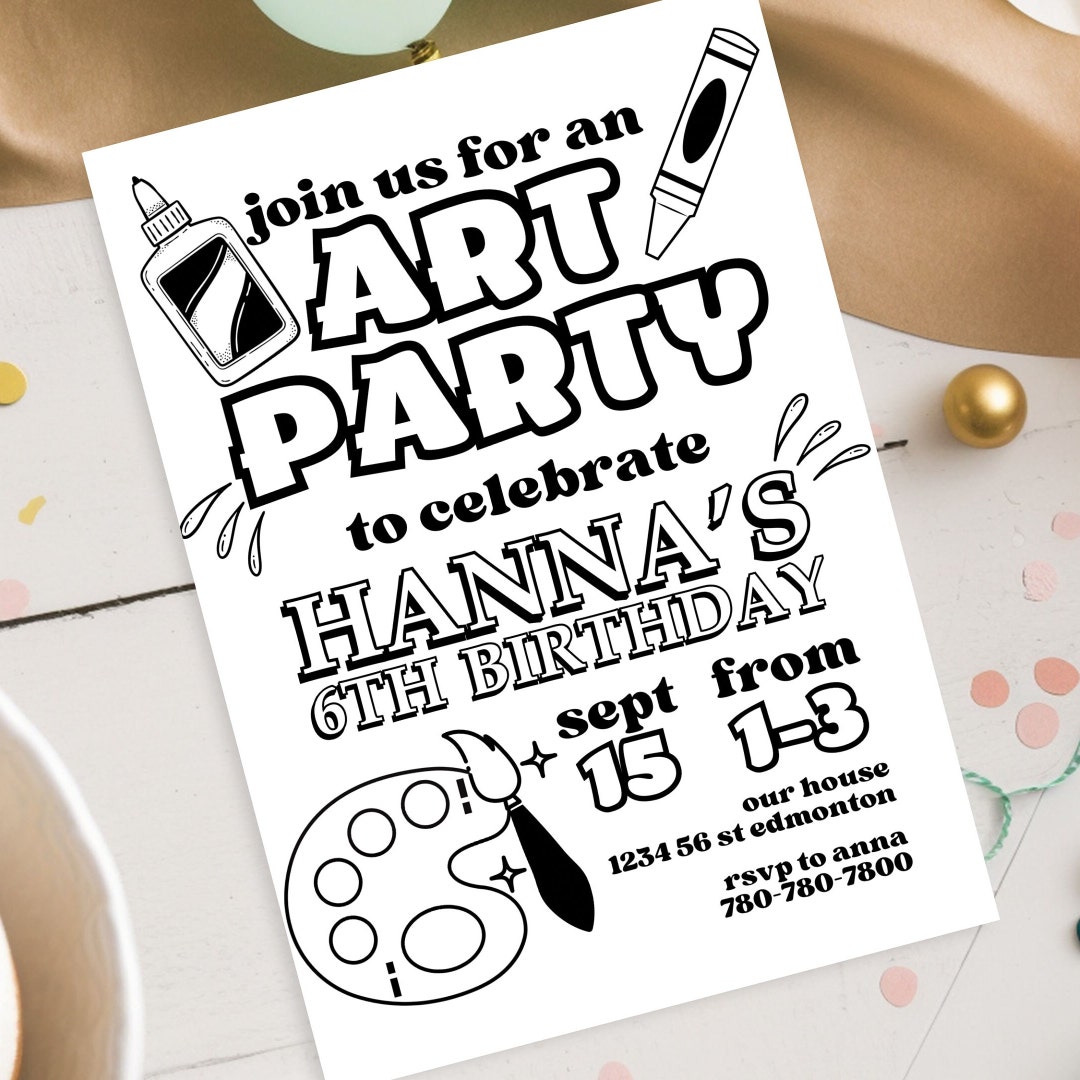 Art Party Coloring Page Birthday Invitation Template: DIY Canva Invite ...
