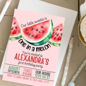 One In a Melon Watermelon Birthday Invitation Template | Edit in Canva for Free | Second Birthday | Kids Party Invite