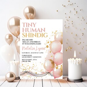 Tiny Human Shindig Pink & Gold Baby Shower Invitation Template | Edit in Canva for Free | Instant Download