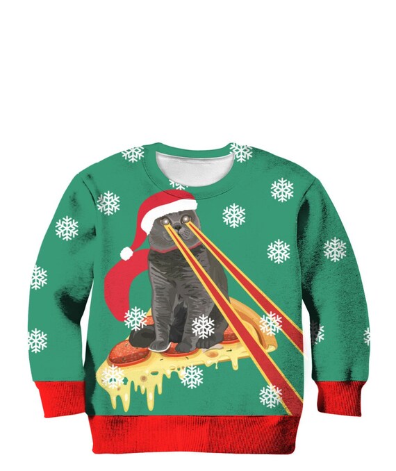 Drax Ugly Christmas Sweater Pizza Cat With Laser Eye AOP - Etsy