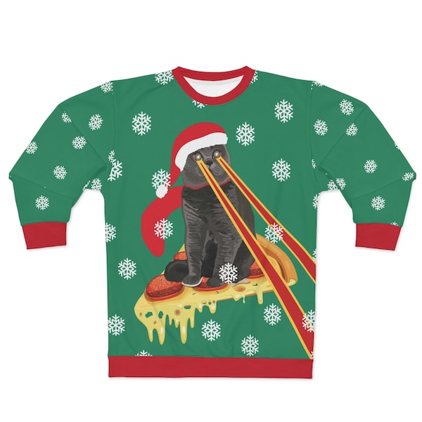 Drax Ugly Christmas Sweater, Pizza Katze mit Laser Auge AOP Unisex Sweatshirt