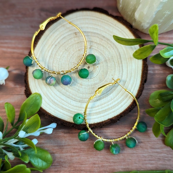 1.5 inch Nickel-free Green Stone Hoops. Wire-wrapped, Cottagecore, Witchy, Sage, Maximalist, Minimalist Hoop Earrings