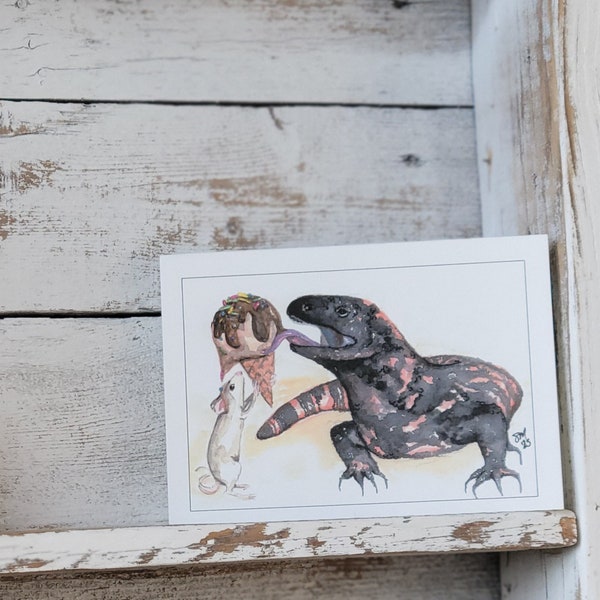 Gila Monster Card, Gila Monster, Lizard Birthday Card, Mouse and Ice Cream, Friendship Card, Unlikely Friends, Sprinkles Card