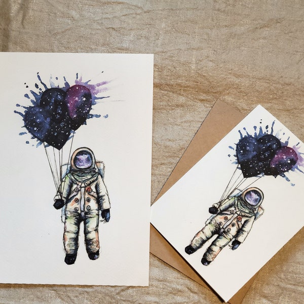 Astronaut Card, Outerspace Balloon Astronaut card, Space Card, Print, Outerspace Watercolor,Graduation Card