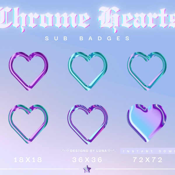 Chrome Y2K Heart Twitch Sub Badges | Purple & Teal Hearts| 2000s | 90s Style | 3D | Streaming Assets | Streamer Resources | SUB BADGES