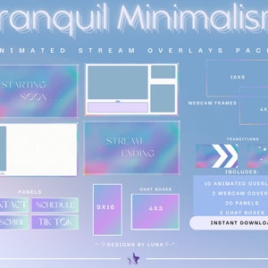 May include: A digital download pack of animated stream overlays with a pastel color scheme. The pack includes 10 animated overlays, 2 webcam covers, 20 panels, and 2 chat boxes. The overlays feature a holographic gradient with a subtle sparkle effect. The text "Tranquil Minimalism" is at the top of the image. The text "INCLUDES" is in a box at the bottom of the image.