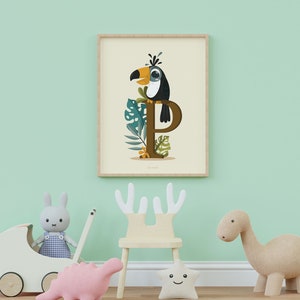 Póster con la letra del nombre del tucán - Tema de animales tropicales - Tamaño A4 o A3