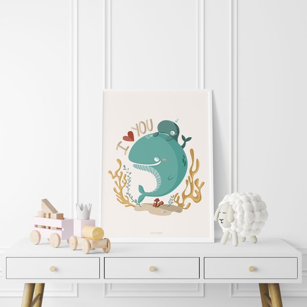 Affiche décorative enfant animal marin maman baleine et son bébé  fille ou garçon A4