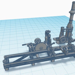 Könnte beinhalten: Ein detailliertes 3D-Modell einer alten Holzschneidemaschine mit Sägeblatt, Hebel und einem hohen Schornstein. Die Maschine ist aus Metall und Holz gefertigt und scheint funktionsfähig zu sein.