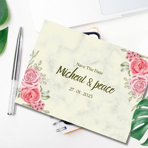 Carte d'invitation de mariage rose rouge élégante fleur aquarelle taille standard "14,8 X 10,5" papier cartonné ou papier