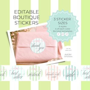 Puede incluir: Pegatinas de boutique editables con varios tamaños y estilos. La imagen muestra un paquete rosa con una pegatina "Thank you" y ejemplos de otros diseños de pegatinas. Las pegatinas están disponibles en tamaños de 5 cm, 6,3 cm y 7,6 cm.