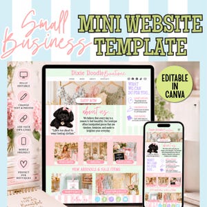 Puede incluir: Una plantilla de sitio web digital para una boutique llamada Dixie Doodle Boutique, mostrada en una pantalla de portátil y smartphone. El diseño presenta un fondo de rayas rosas y blancas, imágenes de ropa y texto informativo.