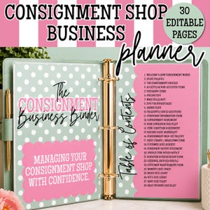 May include: A light green three-ring binder with a polka dot cover featuring the text The Consignment Business Binder and Managing Your Consignment Shop With Confidence. The interior displays a table of contents with 28 listed business sections.