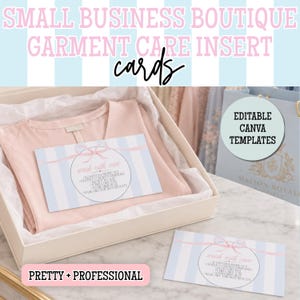 May include: A light pink garment inside a white box with two rectangular care instruction cards featuring light blue and white vertical stripes, a pink ribbon graphic, and the text wash with care and laundry instructions.