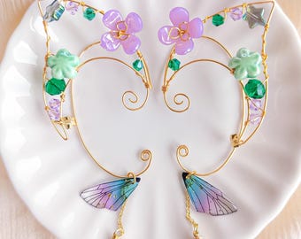 Violet Flower Elf Ear Cuffs | Gold-Plated Fairy Wings Jewelry, No Piercing Ear Accessories