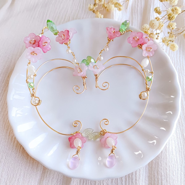 Garten-Feen-Blumen-Ohr-Manschette – Draht-Elfenohren – Gold-Elfen-Ohr-Manschette | Fairycore, Cottagecore, Wald Ohrringe | Feen-Ohrschmuck | Geschenkideen