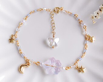 Star and Moon Bracelet Dainty Gold Purple Flower Bracelet Beaded Celestial Jewellery for Teen Girl Birthday Fairytale Gift for Sister