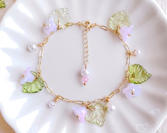 Roze bloem armband lelietje-van-dalen grillige sieraden met bladeren Fairycore armband Cottagecore cadeau voor verjaardag beste vriend