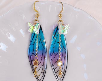 Iridescent Fairy Wing Earrings | Gold Cicada Wings, Fantasy Jewelry